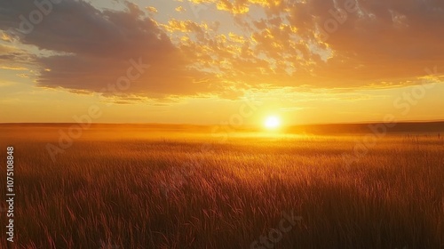 A stunning sunset over the vast grasslands of the Great Plains  illuminating the horizon with golden hues and soft clouds