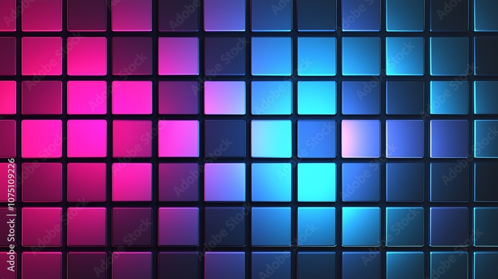 A visually striking array of illuminated squares in pink and blue tones creating a dynamic abstract pattern. A visually striking array of illuminated squares in pink and blue tones creating a dynamic abstract pattern.