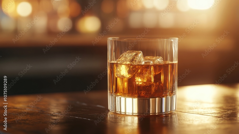 Glass of Whiskey with Ice Cubes in Warm Ambient Light Glass of Whiskey with Ice Cubes in Warm Ambient Light