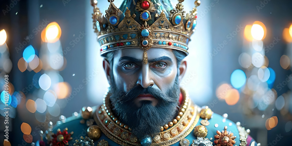 Detailed Close Up Portrait of Reyes Magos with Festive Makeup Enhancing Regal Appearance and Spirit for Magazine Advertisements and Banners with Copy Space for Text - Perfect Stock Photo Concept Detailed Close Up Portrait of Reyes Magos with Festive Makeup Enhancing Regal Appearance and Spirit for Magazine Advertisements and Banners with Copy Space for Text - Perfect Stock Photo Concept