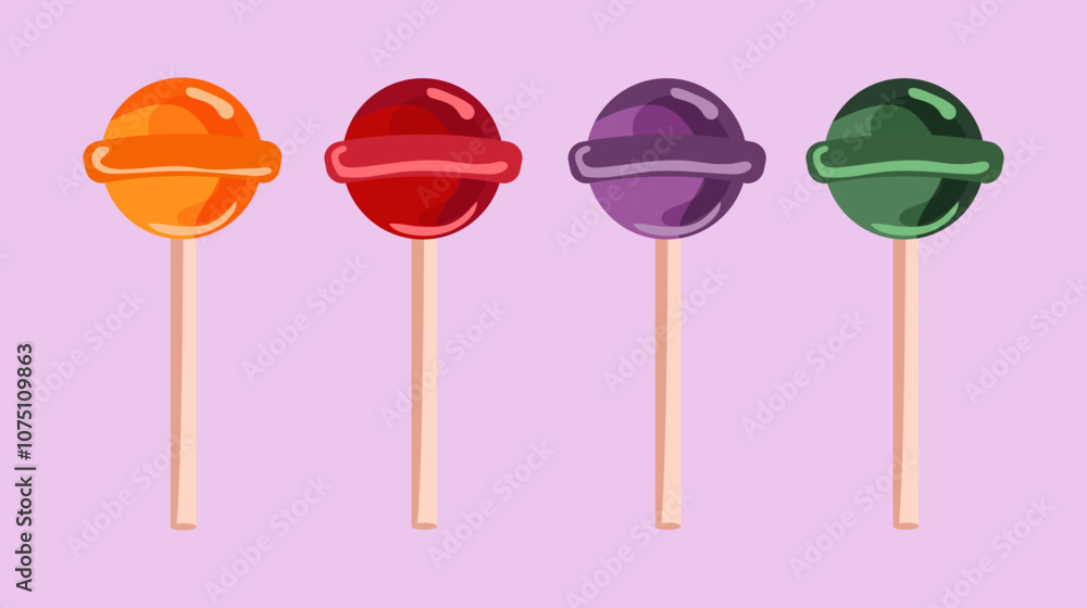 Set of round multicoloured sweet round lollipops isolated on white background. Sweet candies on a stick. Vector illustration. Set of round multicoloured sweet round lollipops isolated on white background. Sweet candies on a stick. Vector illustration.