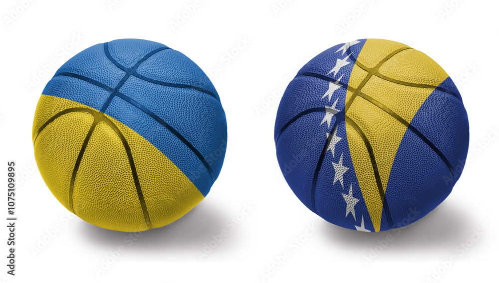 basketball balls with the national flags of bosnia and herzegovina and ukraine on the white background. basketball balls with the national flags of bosnia and herzegovina and ukraine on the white background.