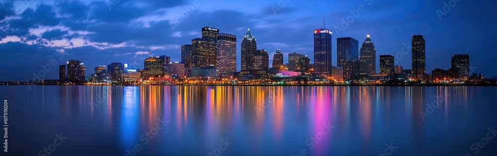 Fototapeta premium Breathtaking view of Detroit skyline illuminated at dusk with vibrant reflections in the river