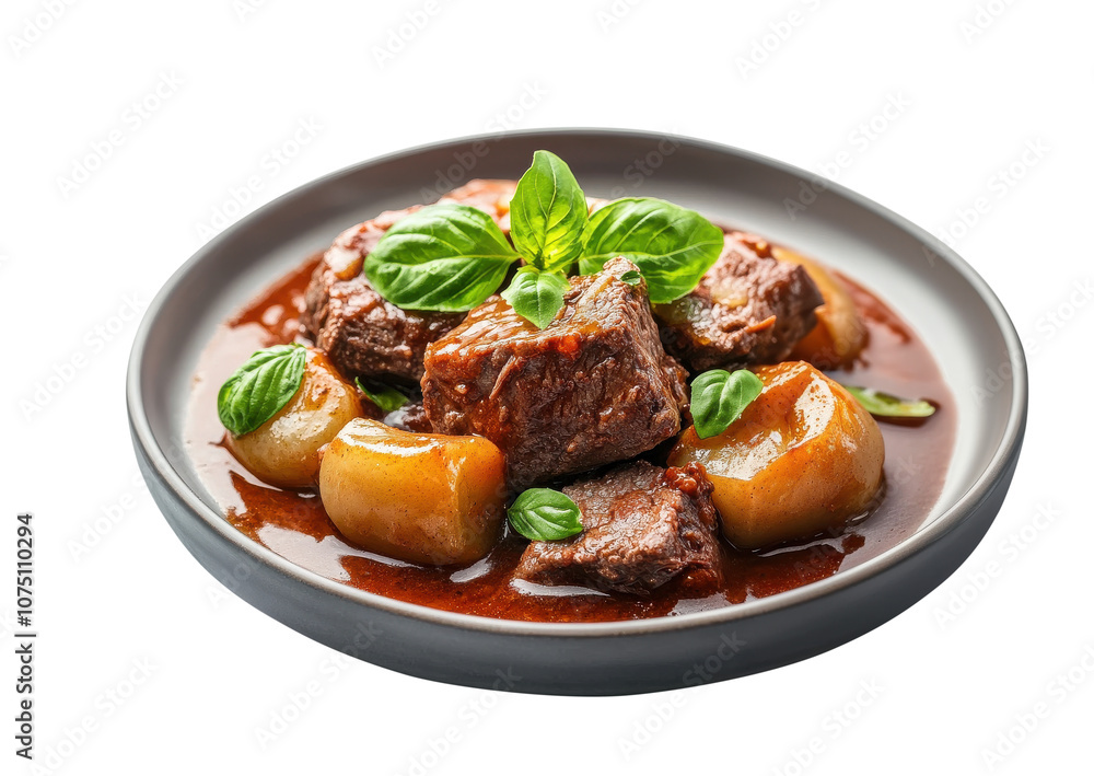 Slow-cooked Beef Stew with Potatoes and Fresh Basil Garnish Slow-cooked Beef Stew with Potatoes and Fresh Basil Garnish