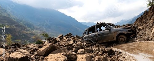 Devastating Rockslide Damage Car Crushed Under Boulders on Mountain Road - Gloomy Overcast Sky Highlights Natures Fury and Destruction photo