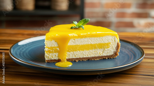 mango coconut cheesecake, Mango and milk cheesecake, a delicious food photo. A delicious slice of mango-honey layered cheesecake with a yellow dripping liquid sauce on top, side view, on a blue plate, photo