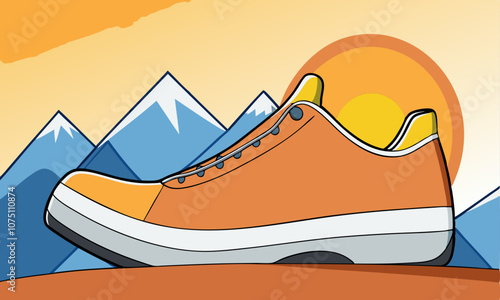 Download Shoe Closeup In Mountains On Sunrise.   Vector Art Illustration  . This Design Concept Isolated Premium Vector. 