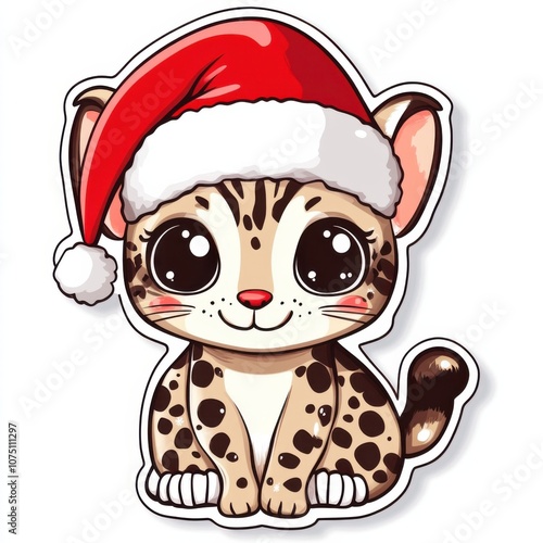 Festive Margay Minimalist Vector Background: Cute Christmas Sticker Clipart