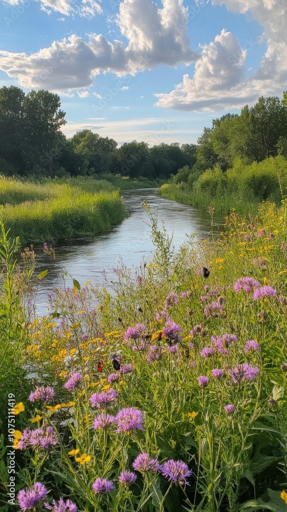 Fototapeta premium A stunning view of vibrant wildflowers blooming beside a serene river on a sunny afternoon in early summer