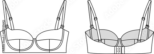 Editable technical fashion sketch for a basic bra, lingerie technical illustration. For apparel design, tech packs, and fashion production. Front, back view.