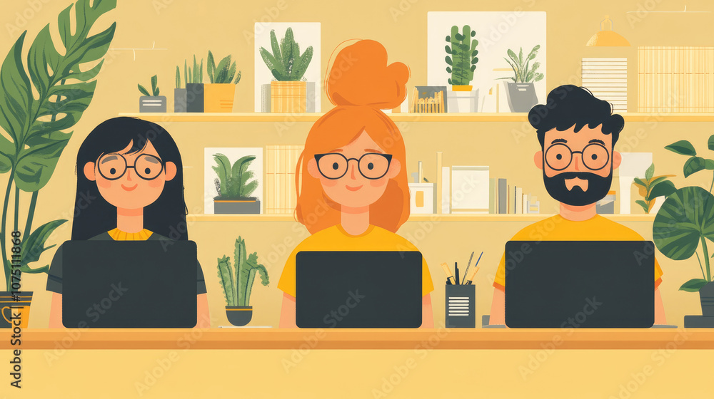 Three individuals focus on their laptops in a bright, inviting workspace surrounded by various potted plants creating a calming atmosphere Three individuals focus on their laptops in a bright, inviting workspace surrounded by various potted plants creating a calming atmosphere