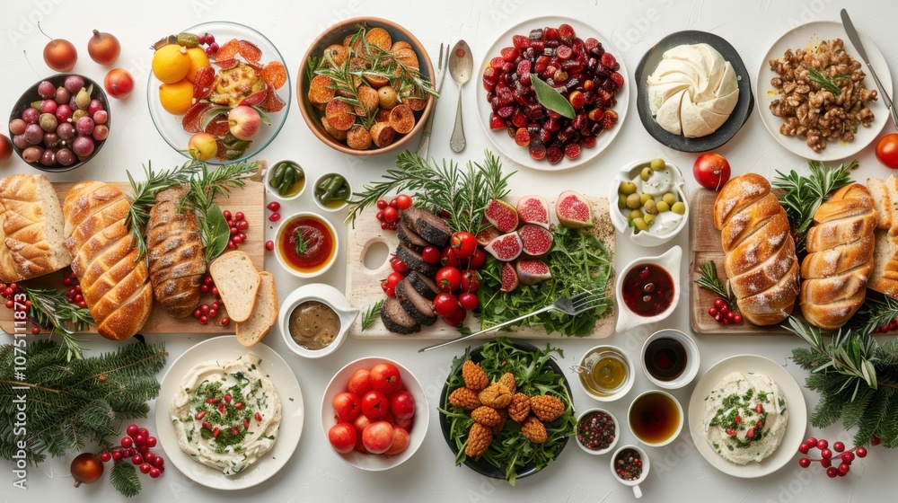 A full Christmas dinner spread with all the trimmings, isolated on white A full Christmas dinner spread with all the trimmings, isolated on white