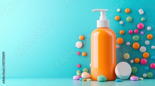 Bright orange hand sanitizer bottle surrounded by colorful pills and tablets on a vibrant blue background, perfect for health and cleanliness concepts in stock imagery.