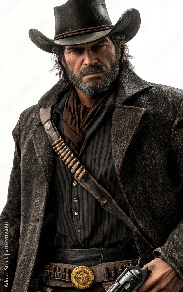 Upper body portrait of a Wild West cowboy against a white background. He is wearing a cowboy hat and a long coat, with a revolver on his belt. Upper body portrait of a Wild West cowboy against a white background. He is wearing a cowboy hat and a long coat, with a revolver on his belt.