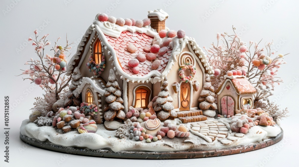 Fototapeta premium A gingerbread house decorated with candy and icing, isolated on a white background