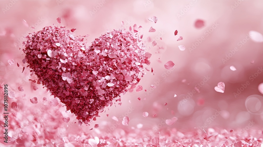 A heart symbol breaking into fragments, scattering into a soft, pink sky, representing love or emotional themes A heart symbol breaking into fragments, scattering into a soft, pink sky, representing love or emotional themes