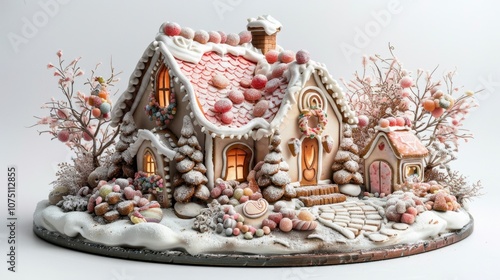 A gingerbread house decorated with candy and icing, isolated on a white background