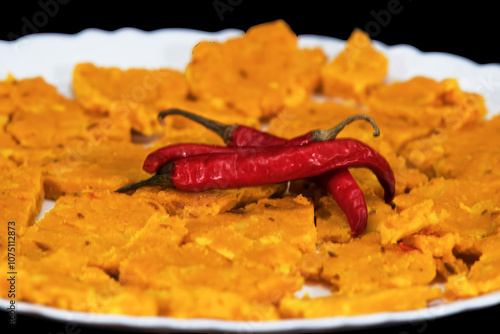 Close-Up View Of Gujarati Kathiyawadi Spicy Dhokali Sabji On White Plate, Red Chillies On The Top, Isolated On Black Background, Selective Focus photo