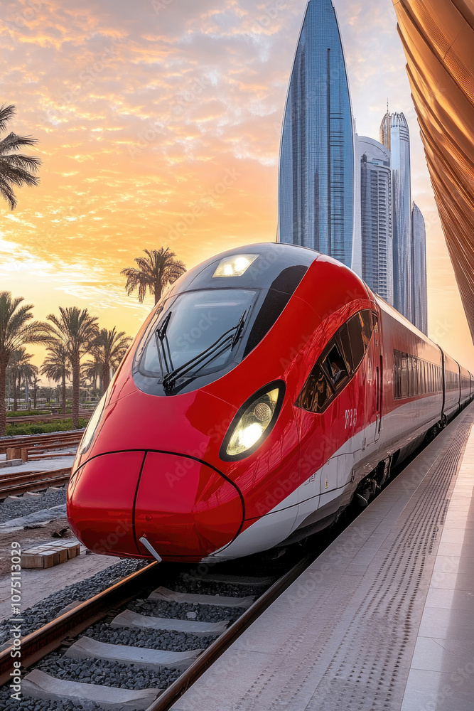 Naklejka premium A high-speed train approaches a contemporary station with palm trees and skyscrapers at sunset, showcasing urban infrastructure and travel