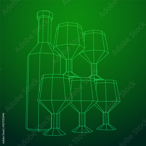 Wine bottle with wine glass. Wireframe low poly mesh vector illustration