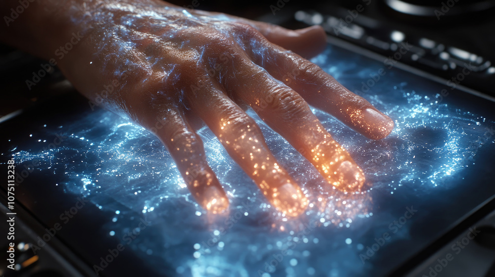 A hand reaches out to a luminescent digital surface, emitting sparkling particles that create a mesmerizing visual effect in a dimly lit setting A hand reaches out to a luminescent digital surface, emitting sparkling particles that create a mesmerizing visual effect in a dimly lit setting