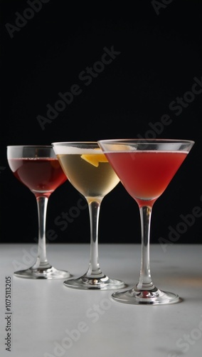 Elegant cocktails in wine glasses on bar counter against minimalist dark backdrop