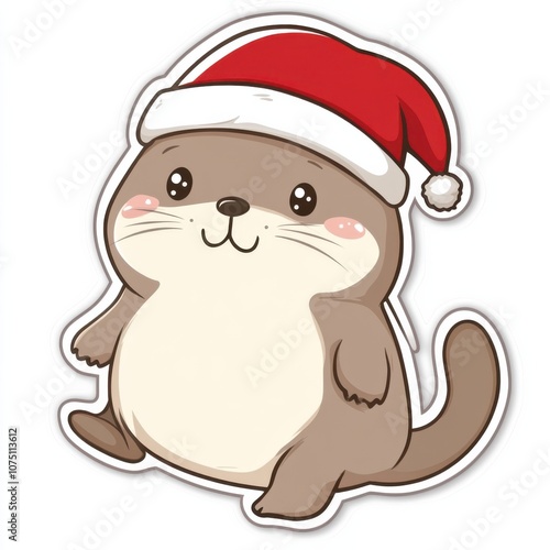 Kawaii Christmas Otter Sticker White Background: Cute Christmas Sticker Clipart