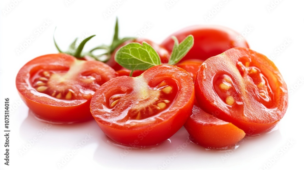 fresh slice of ripe cherry tomatoes isolated on white background into water. fresh slice of ripe cherry tomatoes isolated on white background into water.