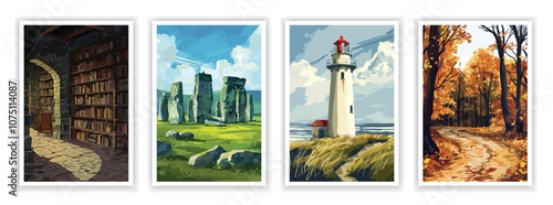 Abandoned lighthouse and ancient library ruins illustration set