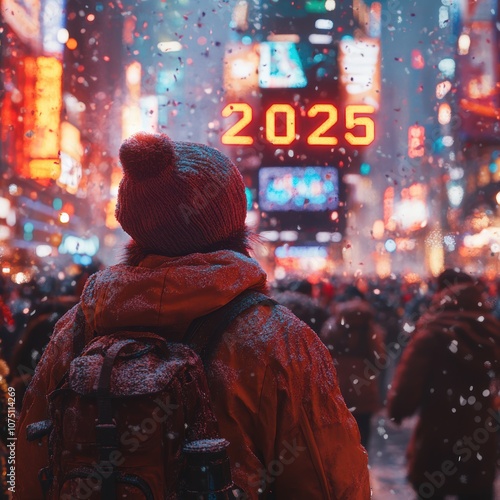 countdown scene for New Years 2025 in Times Square, massive digital screens displaying 