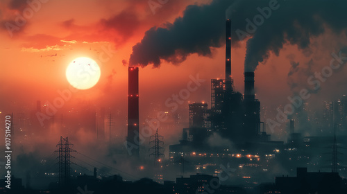 A power plant with smoke coming out from chimneys on sunset sky background. Global warming and air pollution concept. 