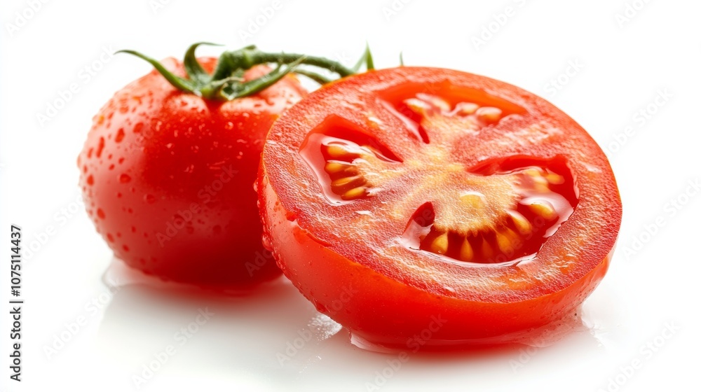 fresh slice of ripe cherry tomatoes isolated on white background into water. fresh slice of ripe cherry tomatoes isolated on white background into water.