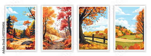 Vector illustration of a picturesque autumn landscape with colorful foliage, fallen leaves, and a serene forest scene. Perfect for seasonal decor, posters, and nature-themed designs.
