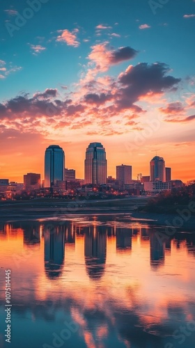 A stunning sunset over the Kansas City skyline reflecting in the calm water, capturing the vibrant colors of evening