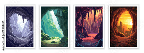 Vector illustration of an intricate cave interior with stalactites and stalagmites. Design elements for posters, book covers, brochures, and educational materials.
