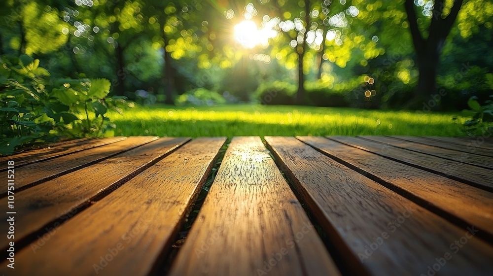 A serene garden scene with sunlit wooden planks and lush greenery. A serene garden scene with sunlit wooden planks and lush greenery.