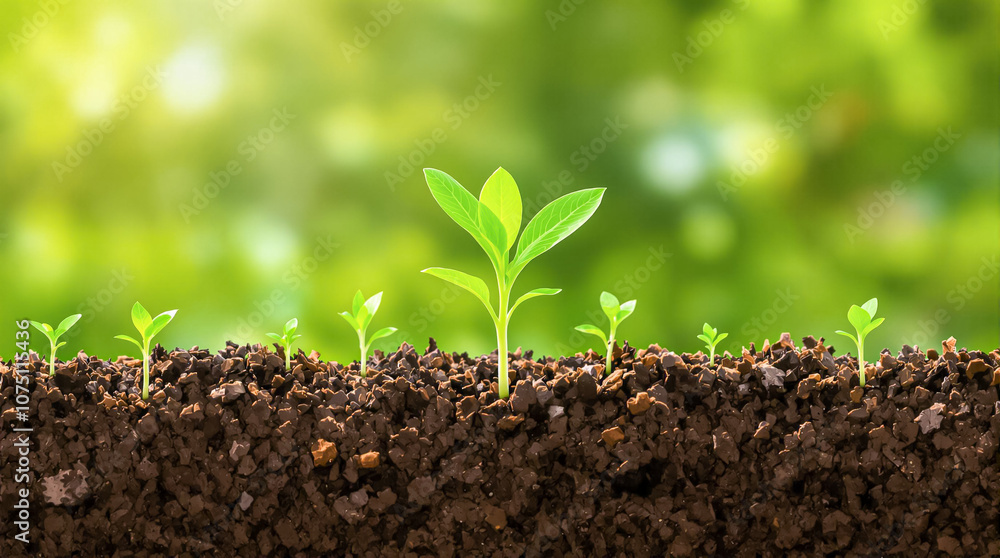 Young Green Seedlings Growing in Rich Soil with Blurred Background Young Green Seedlings Growing in Rich Soil with Blurred Background