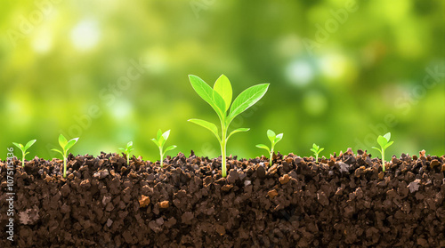 Young Green Seedlings Growing in Rich Soil with Blurred Background