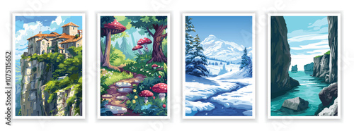 Frozen tundra, enchanted garden, cliffside village, coastal cliffs landscape illustrations