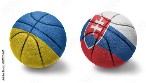 Photography basketball balls with the national flags of slovakia and ukraine on the white background