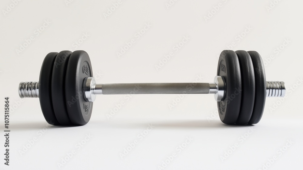 A pair of dumbbells with a silver handle are shown in the image. The dumbbells are black and silver, and they are placed on a white background. Concept of strength and fitness A pair of dumbbells with a silver handle are shown in the image. The dumbbells are black and silver, and they are placed on a white background. Concept of strength and fitness
