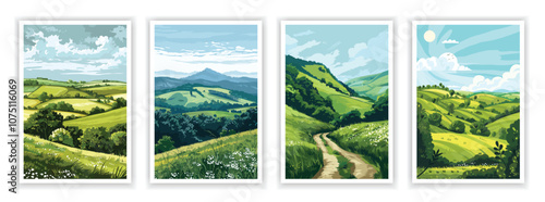Vector illustration. Expansive plateau landscape with flat terrain and distant mountains. Scenic view with open skies and natural beauty. Design elements for posters, book covers, brochures, magazines