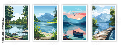 Vector illustration. Flat lake landscape with calm water, surrounding trees, and distant mountains. Peaceful scenery with reflections. Design elements for posters, book covers, brochures, magazines
