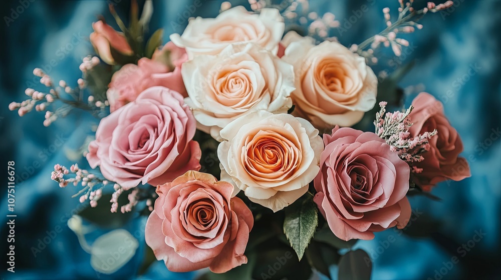 A Bouquet of Pink and Peach Roses on a Blue Background A Bouquet of Pink and Peach Roses on a Blue Background