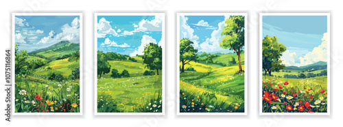 Meadow Landscape Drawing. Vector illustration of grassy fields, wildflowers, and open countryside. Editable artwork for nature posters, covers, or peaceful scenery designs.
