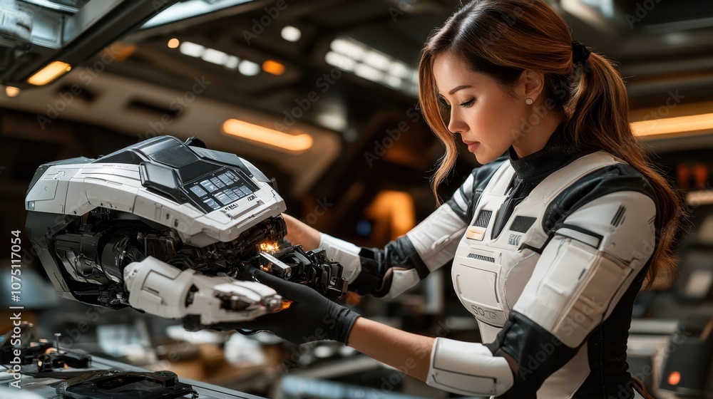 Woman Assembling Robotics in Modern Tech Environment Woman Assembling Robotics in Modern Tech Environment