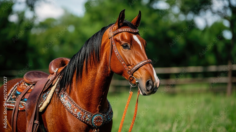 Obraz premium Beautiful brown horse with a saddle, standing in a lush green field.