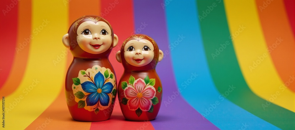 Two LGBTQ themed Matryoshka monkeys adorned with floral patterns on an LGBT pride flag backdrop Two LGBTQ themed Matryoshka monkeys adorned with floral patterns on an LGBT pride flag backdrop