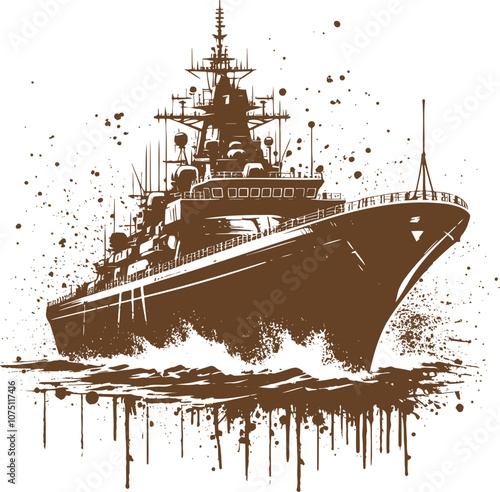 Dynamic silhouette of a warship in graffiti style vector illustration of a battleship on the waves