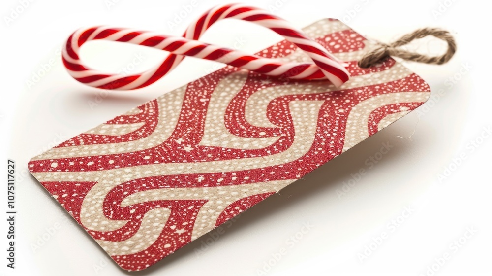 Fototapeta premium A holiday-themed gift tag with a candy cane pattern, isolated on white